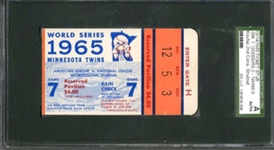 1965 World Series Dodgers vs Twins Game 7 Ticket Stub - WS MVP Sandy Koufaxs Last Ever World Series Win (SGC)